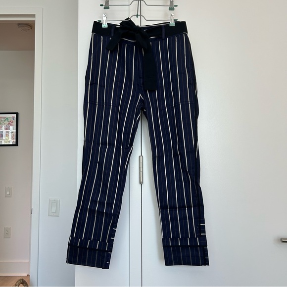 Derek Lam 10 Crosby Blue Striped Trousers with Waist Tie and Cuffed Ankle - Picture 4 of 8